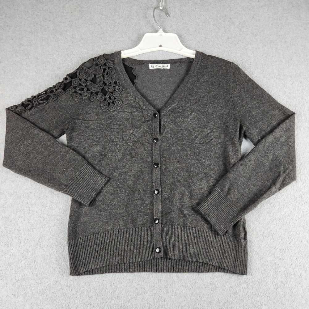 Womens Cardigan Sweater Small Gray Knitted Lace Shoulder V-Neck Button Front